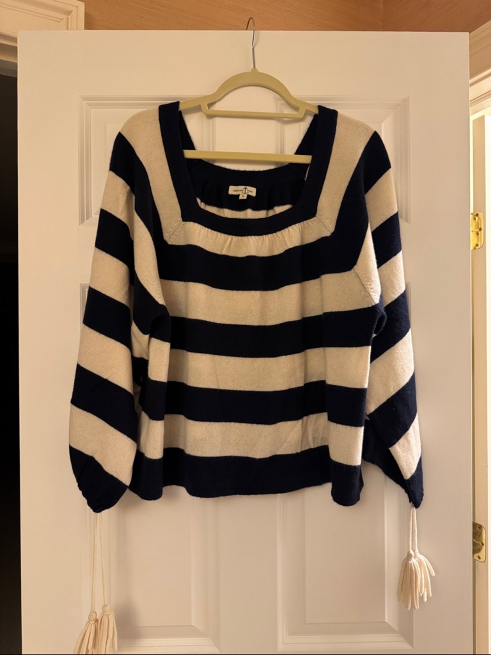 Striped Navy and Cream Square-Neck Sweater with Tassel Tie Sleeves